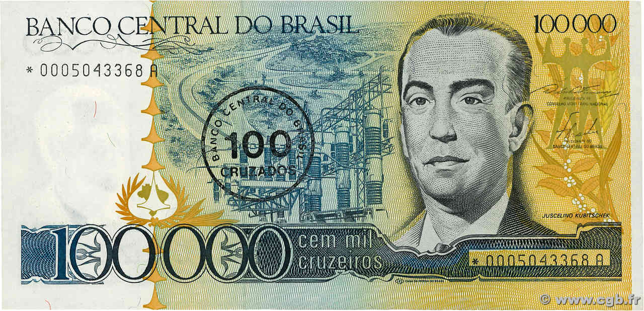 100 Cruzados sur 100000 Cruzeiros Remplacement BRASIL  1986 P.208ar SC