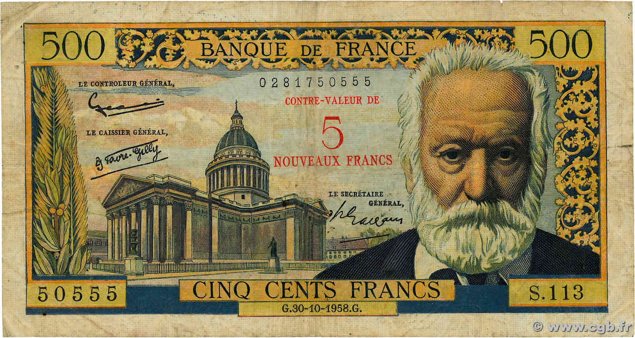 5 NF sur 500 Francs Victor HUGO FRANCIA  1958 F.52.01 RC+