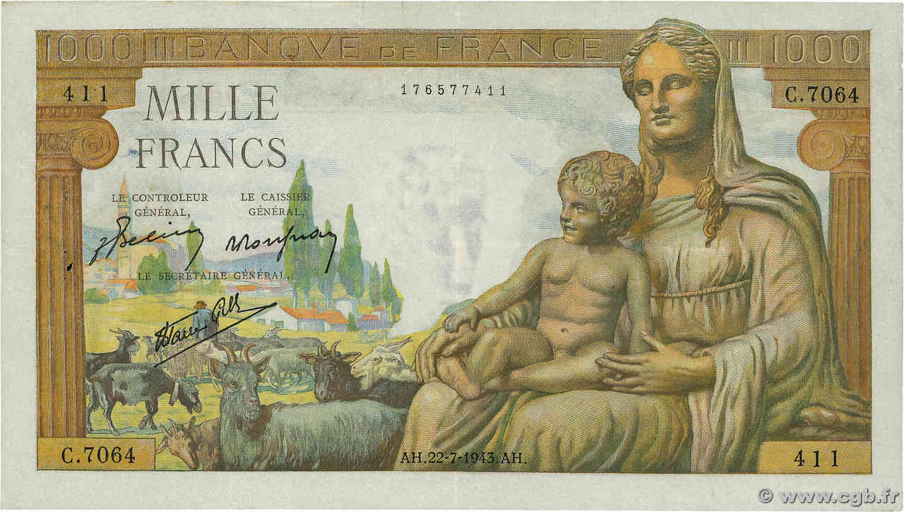 1000 Francs DÉESSE DÉMÉTER FRANCE  1943 F.40.31 TTB