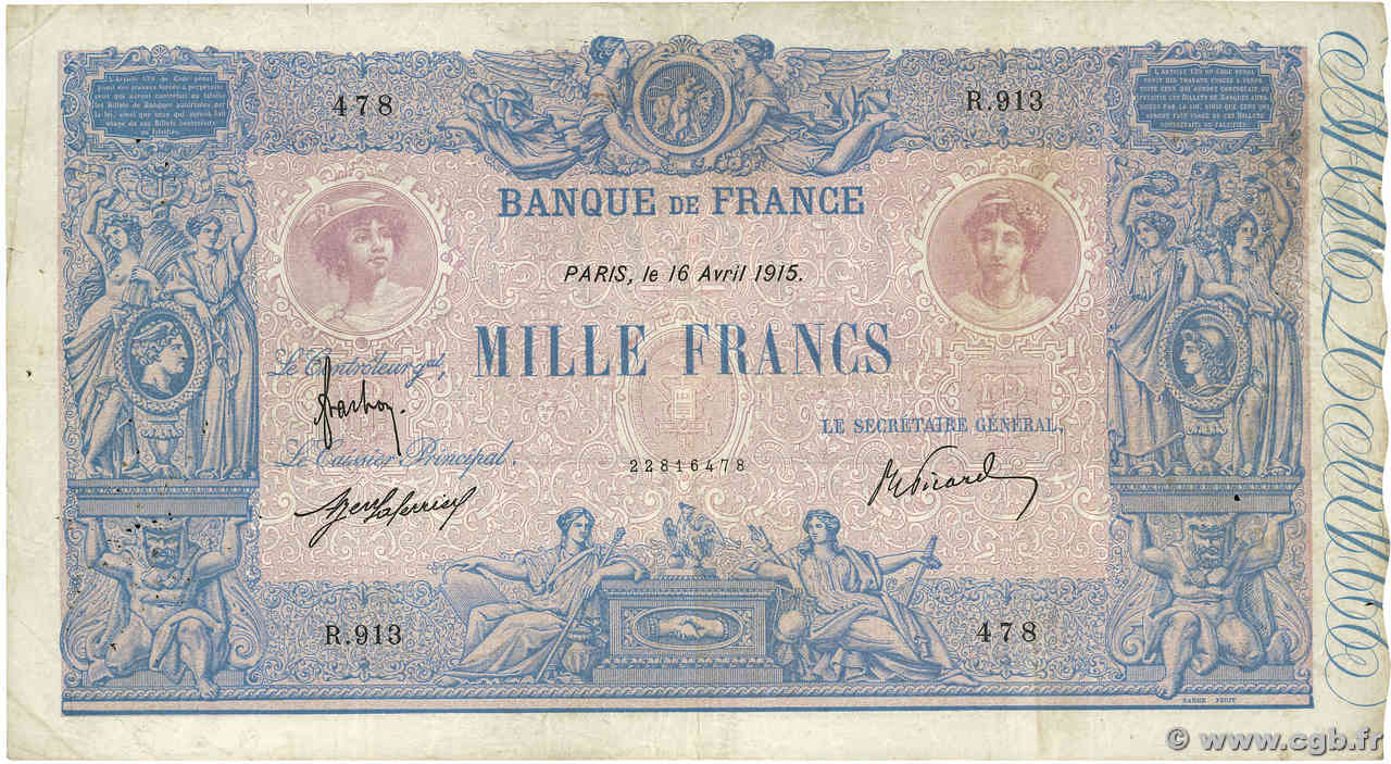 1000 Francs BLEU ET ROSE FRANCE  1915 F.36.29 F