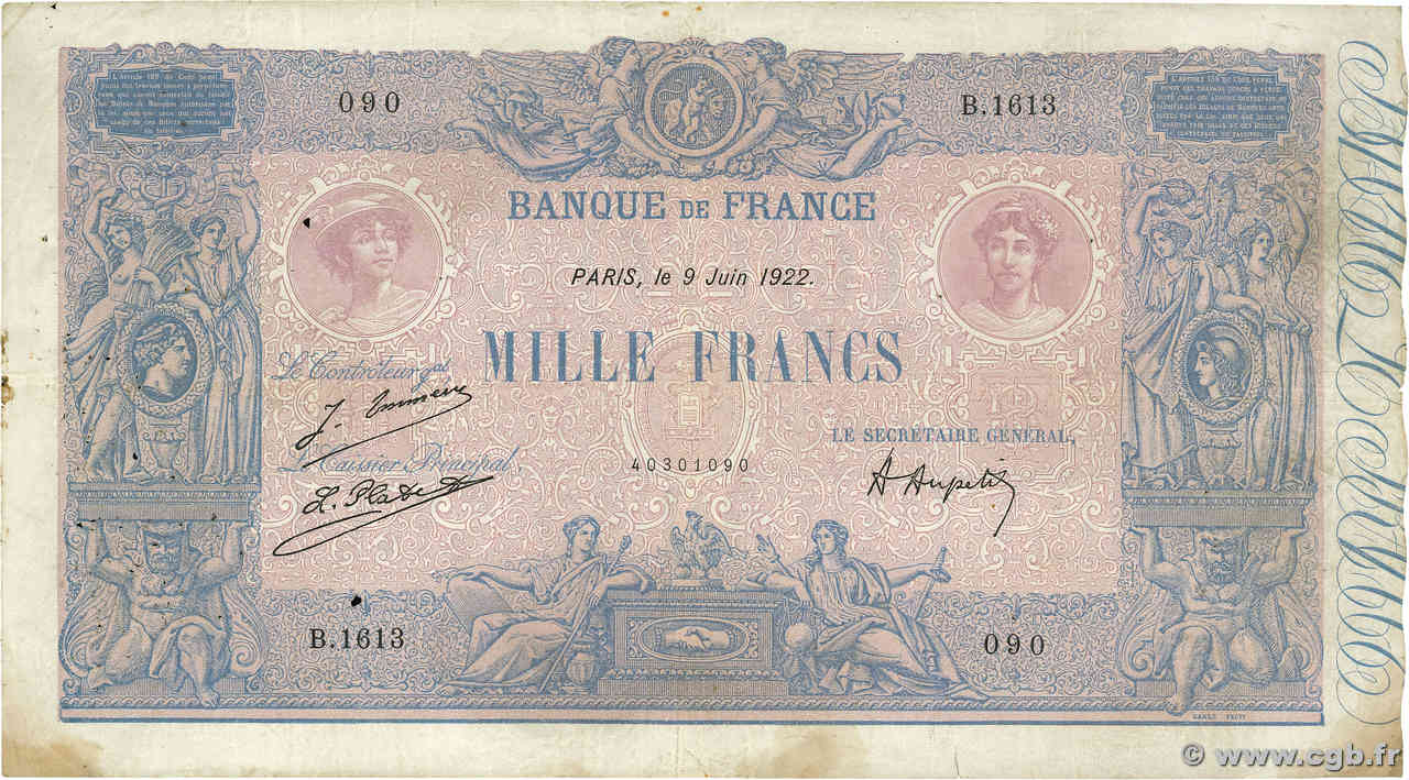 1000 Francs BLEU ET ROSE FRANCIA  1922 F.36.38 q.MB