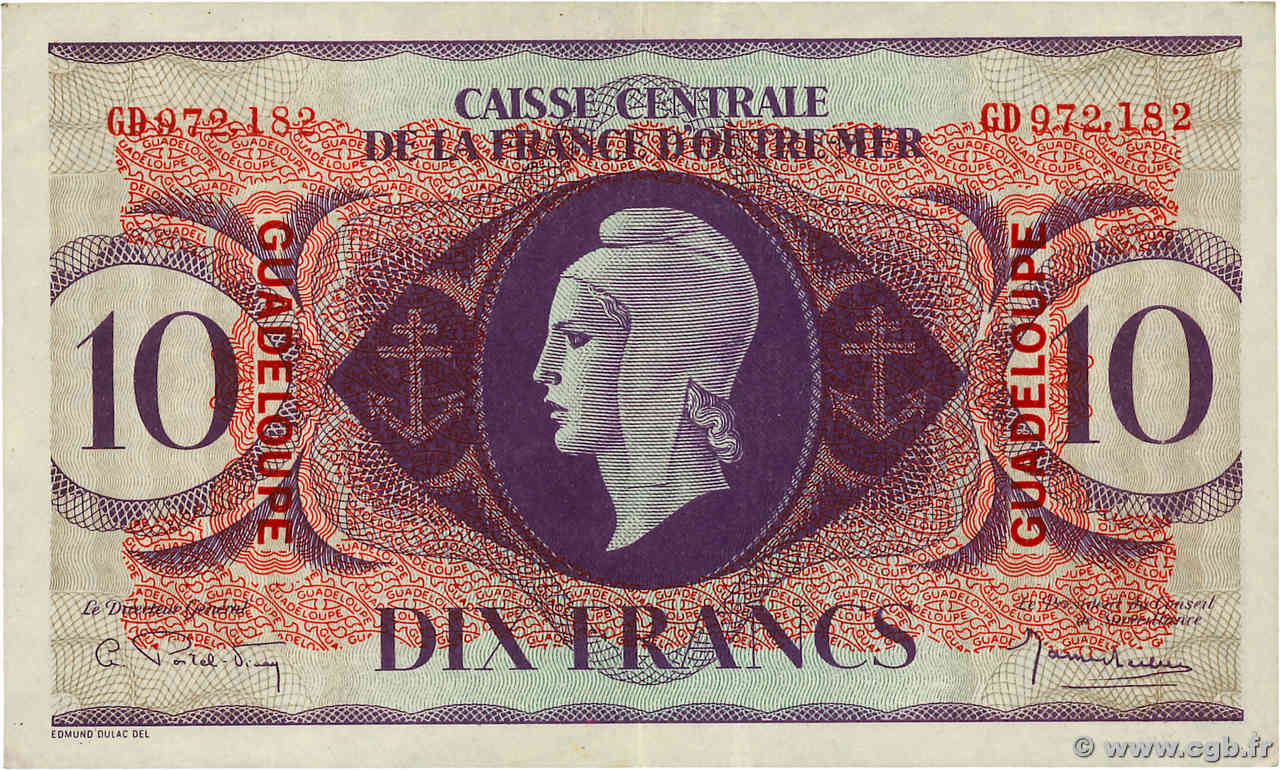 10 Francs GUADELOUPE  1944 P.27a fVZ