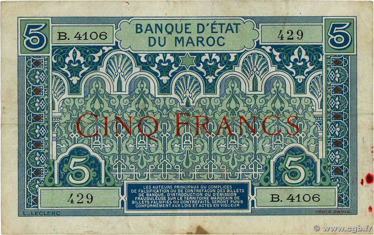 5 Francs MAROCCO  1924 P.09 q.BB