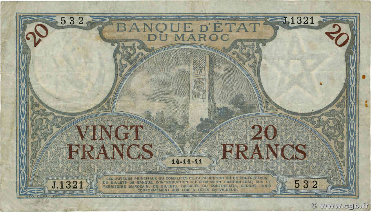 20 Francs MAROCCO  1941 P.18b MB