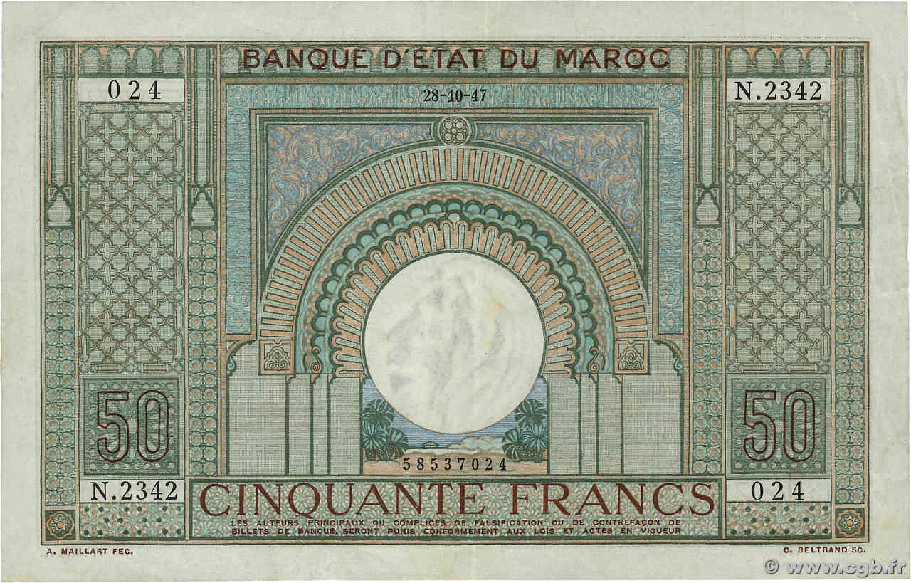 50 Francs MARUECOS  1947 P.21 BC+