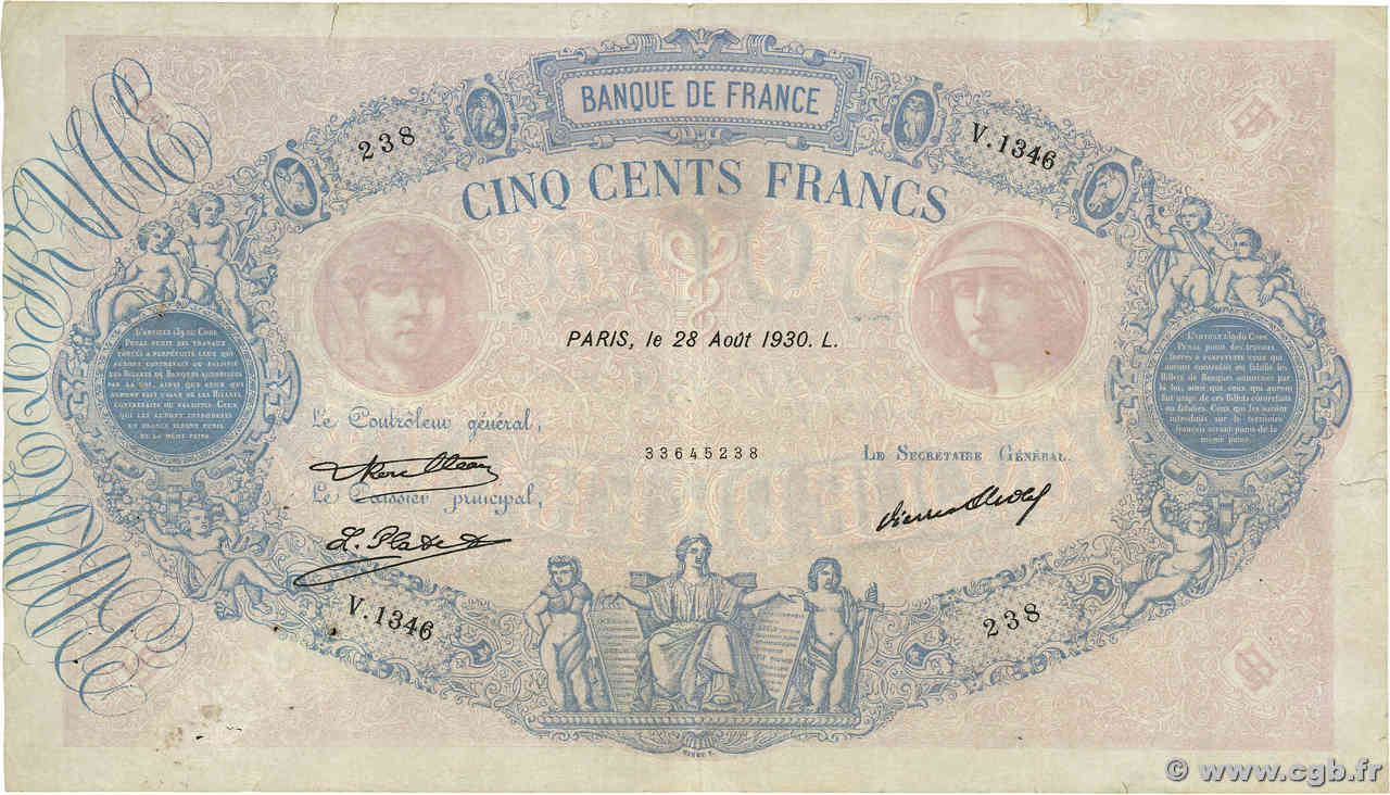 500 Francs BLEU ET ROSE FRANCE  1930 F.30.33 TB