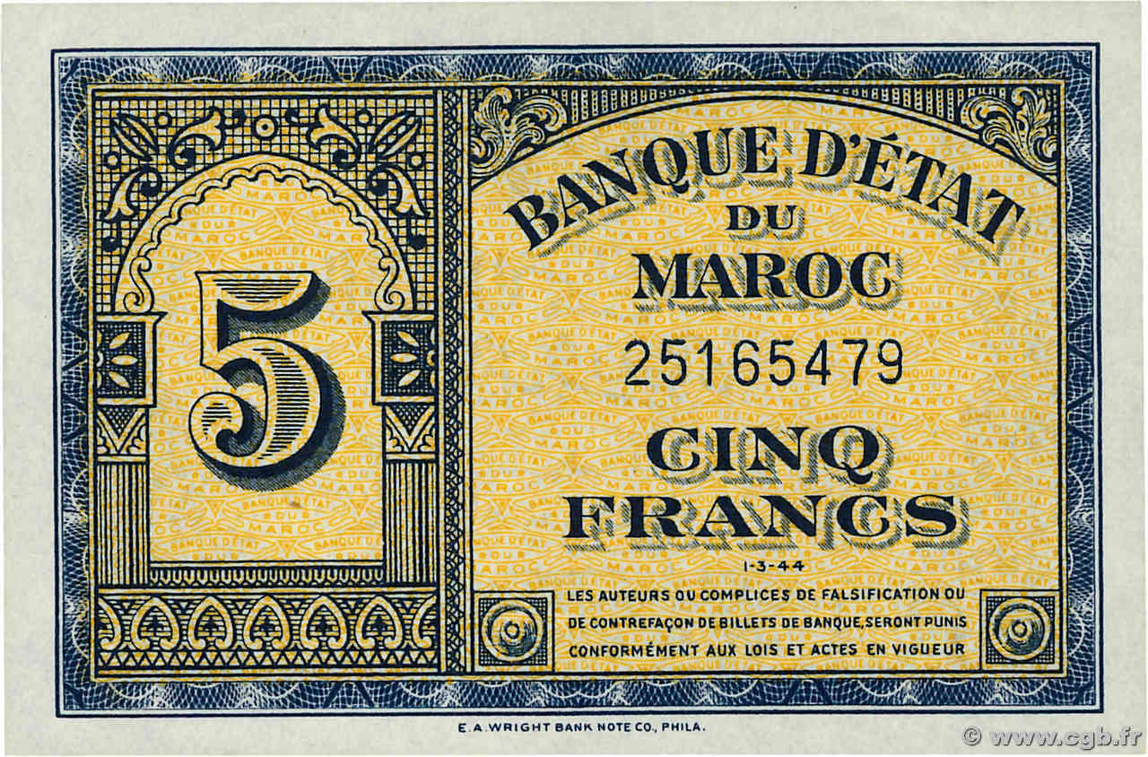 5 Francs MARUECOS  1944 P.24 SC+