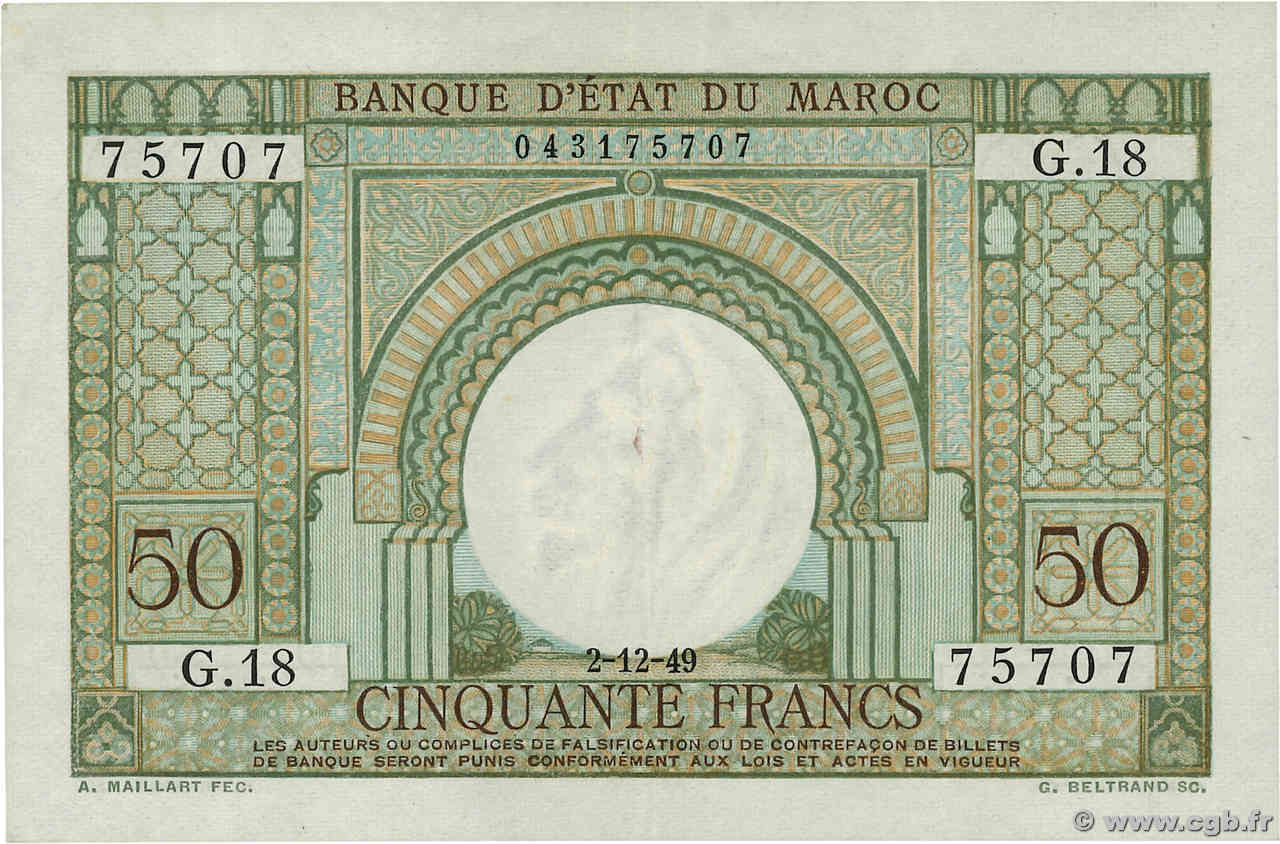 50 Francs MAROC  1949 P.44 pr.SUP