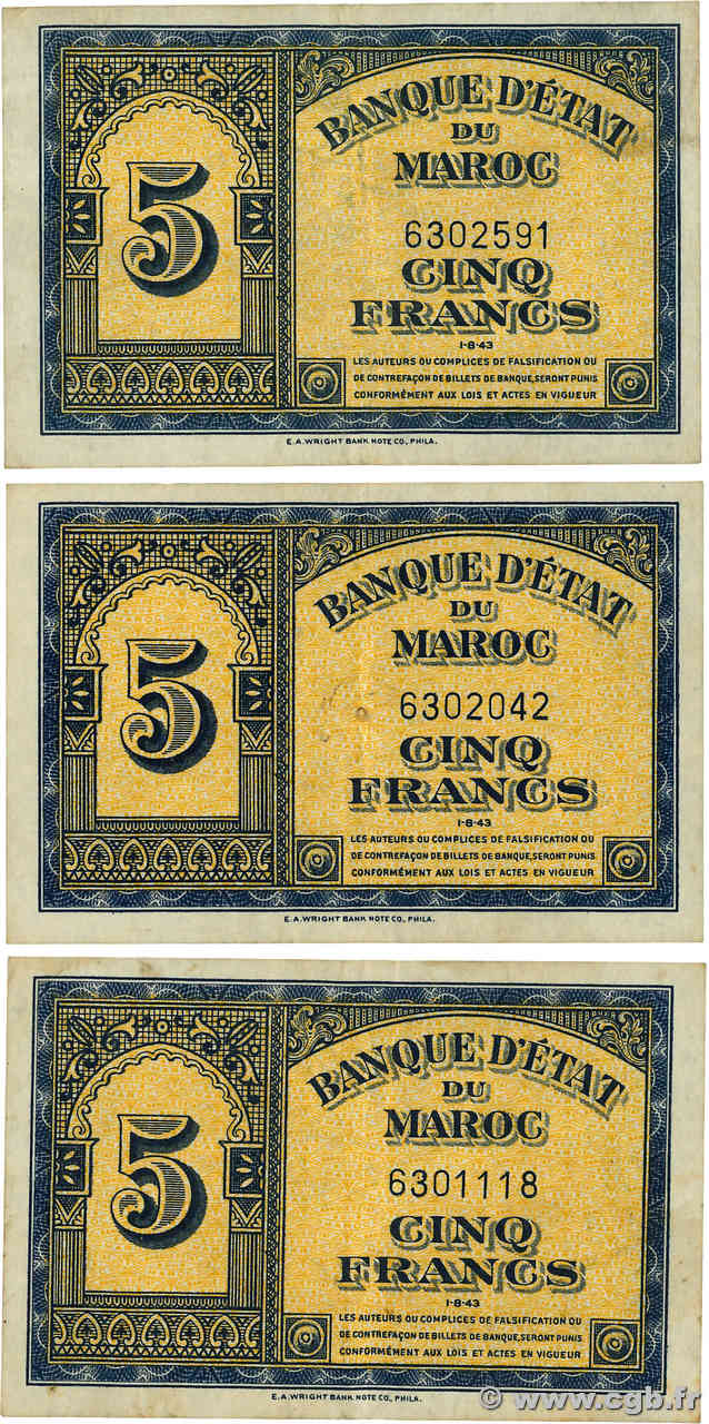 5 Francs Lot MAROKKO  1944 P.24 SS