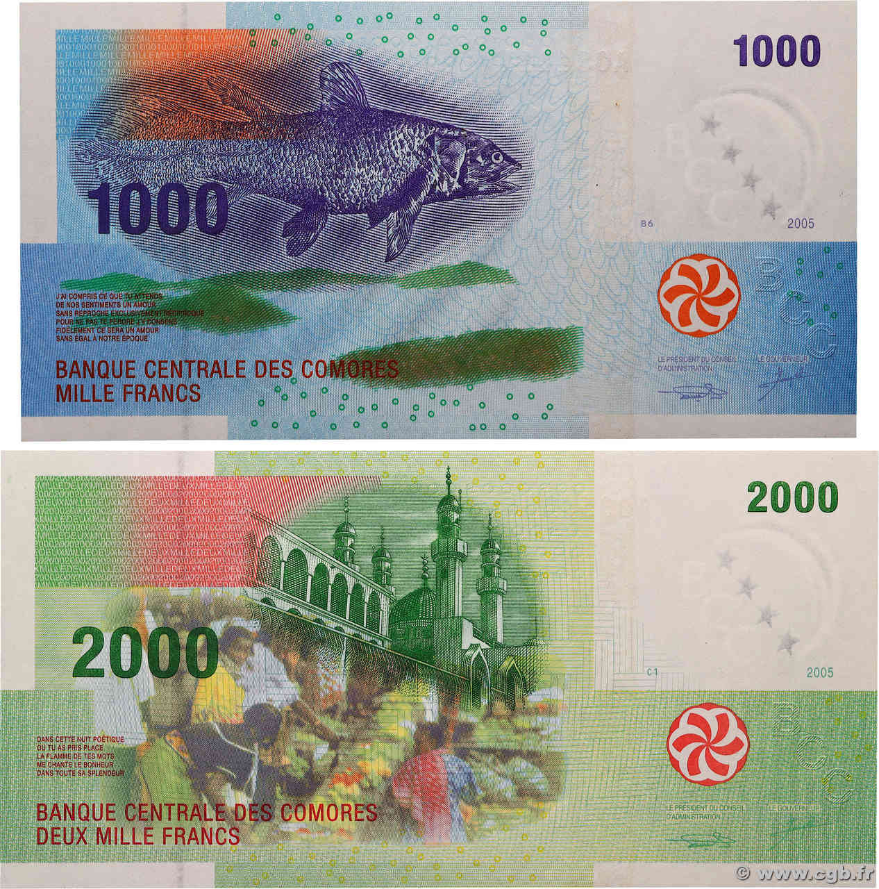 1000 et 2000 Francs Lot COMOROS  2005 P.16a et P.17 UNC-