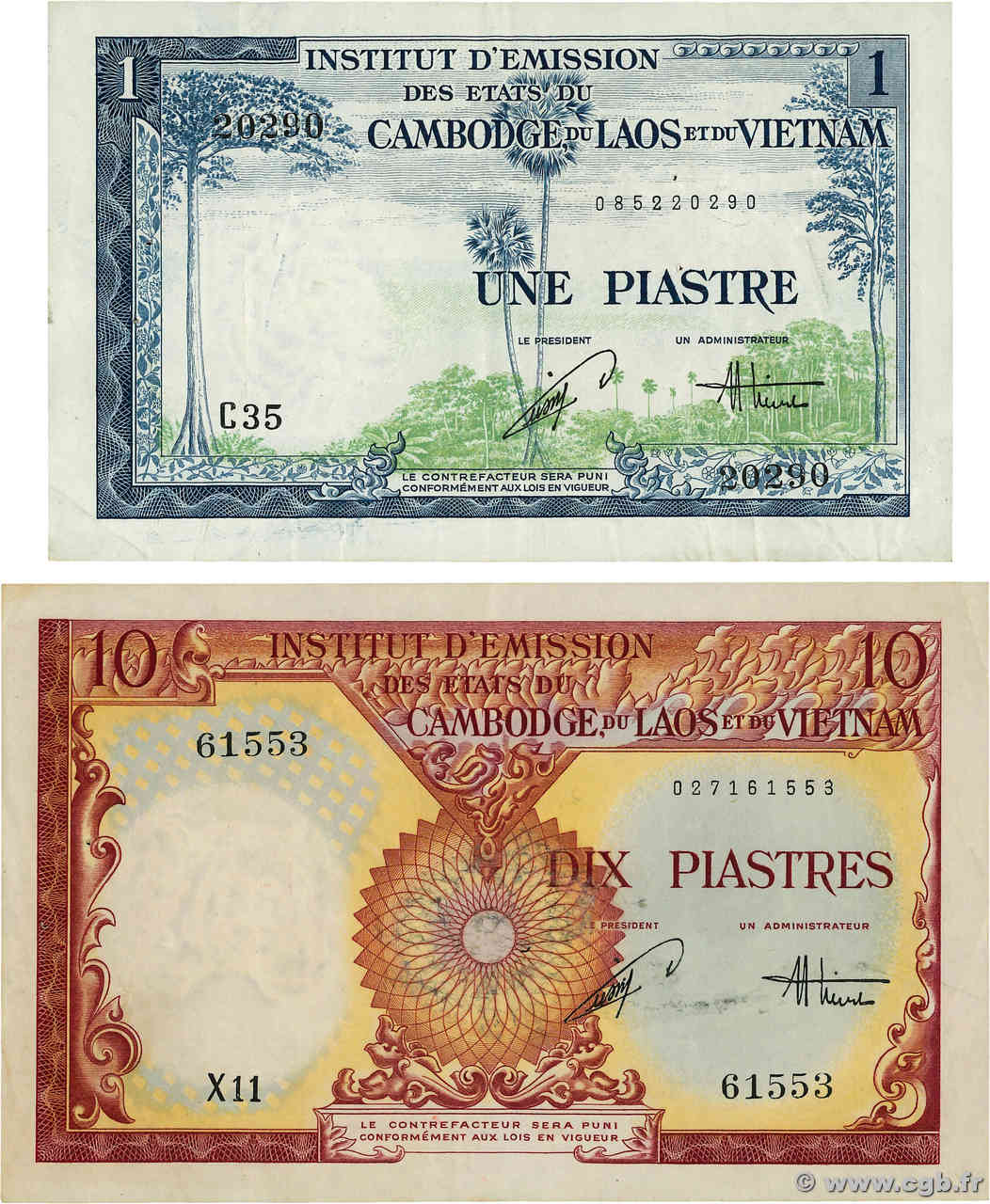 1 Piastre - 1 Dong et 10 Piastres - 10 Dong Lot FRENCH INDOCHINA  1953 P.105 et P.107 VF