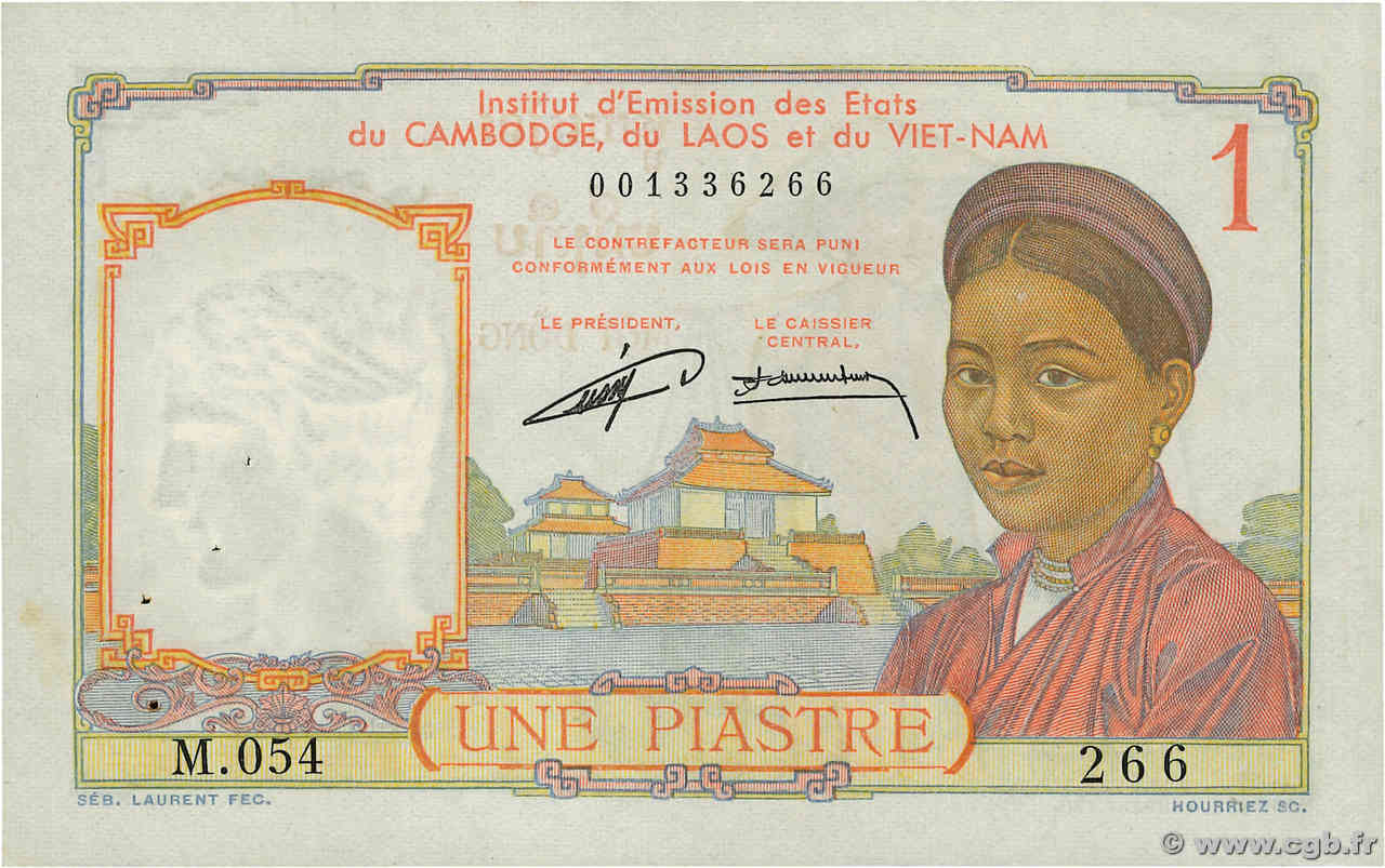 1 Piastre FRANZÖSISCHE-INDOCHINA  1953 P.092 SS