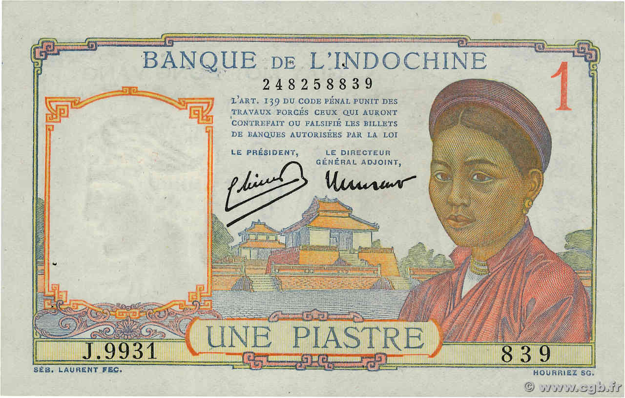 1 Piastre FRENCH INDOCHINA  1945 P.054e XF