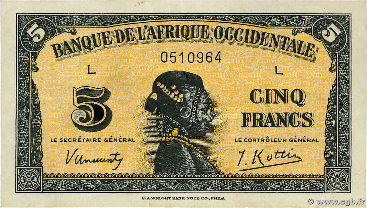 5 Francs FRENCH WEST AFRICA  1942 P.28a VF