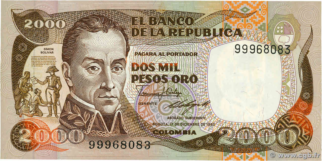 2000 Pesos Oro COLOMBIE  1985 P.430c NEUF