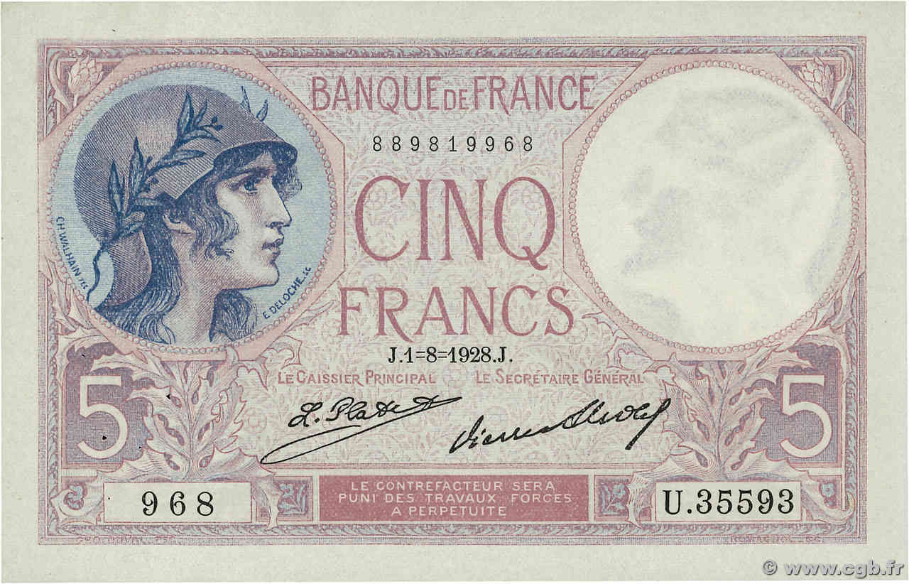 5 Francs FEMME CASQUÉE FRANCE  1928 F.03.12 XF+