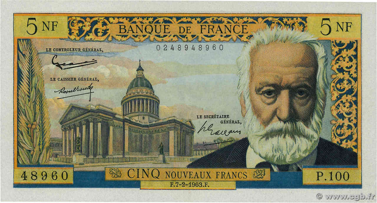 5 Nouveaux Francs VICTOR HUGO FRANCE  1963 F.56.13 SUP+