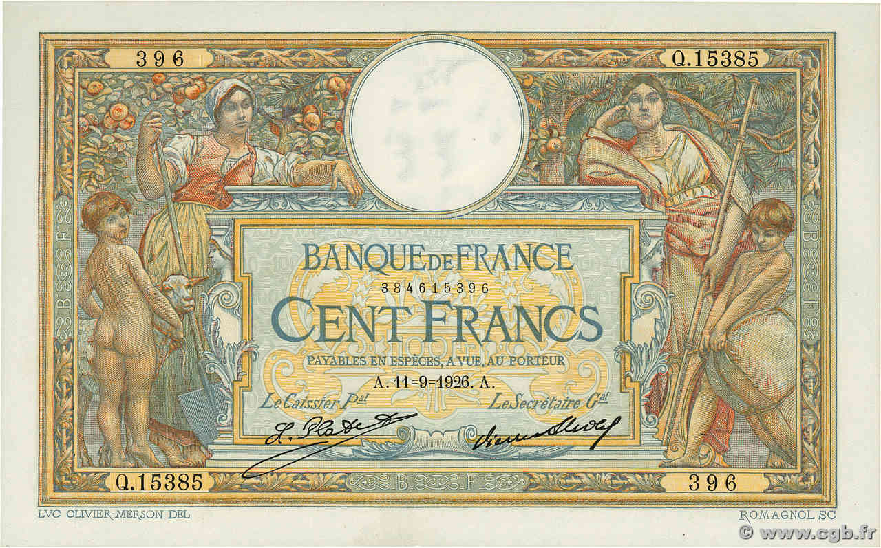 100 Francs LUC OLIVIER MERSON grands cartouches FRANCIA  1926 F.24.05 SC