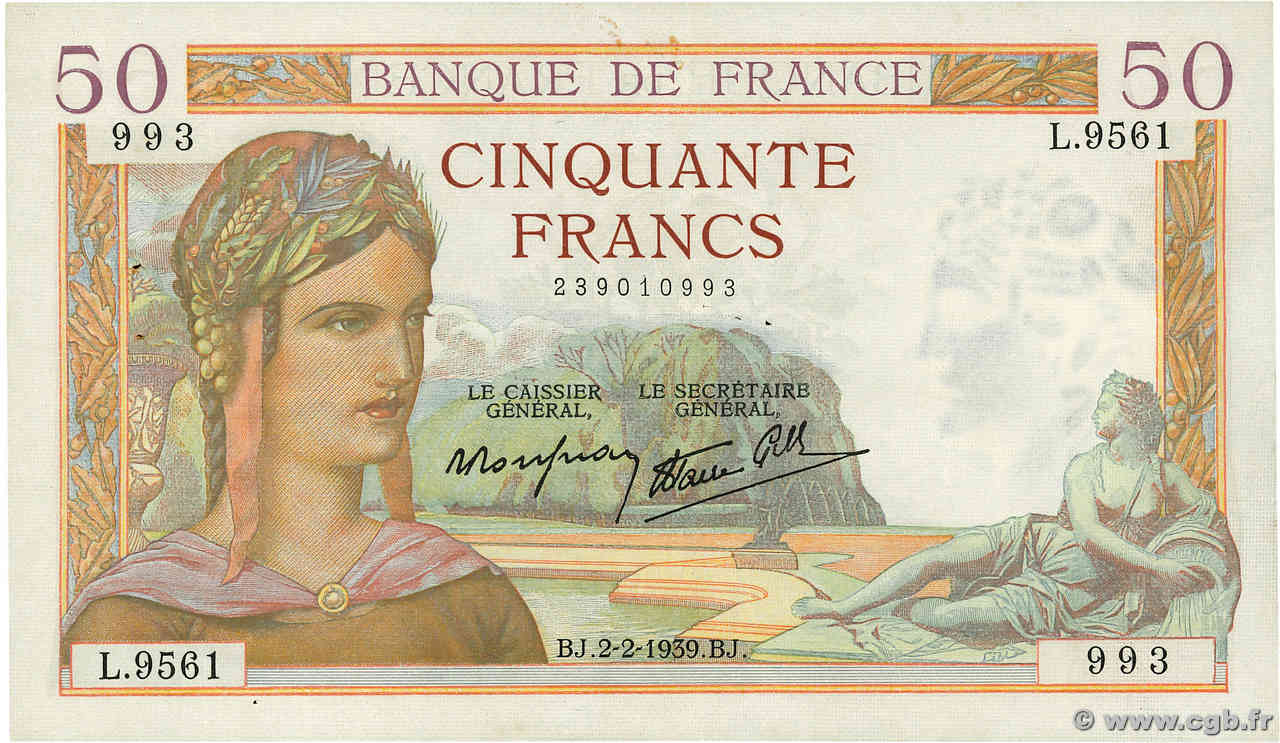 50 Francs CÉRÈS modifié FRANKREICH  1939 F.18.21 fVZ