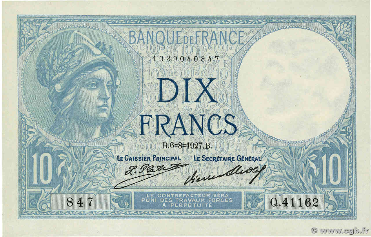 10 Francs MINERVE FRANCE  1927 F.06.12 UNC-