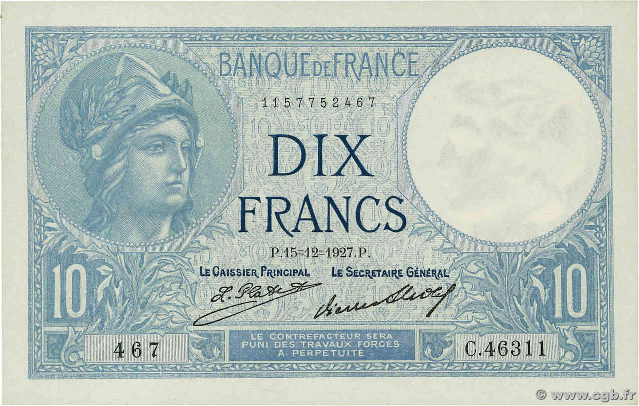 10 Francs MINERVE FRANCE  1927 F.06.12 pr.NEUF