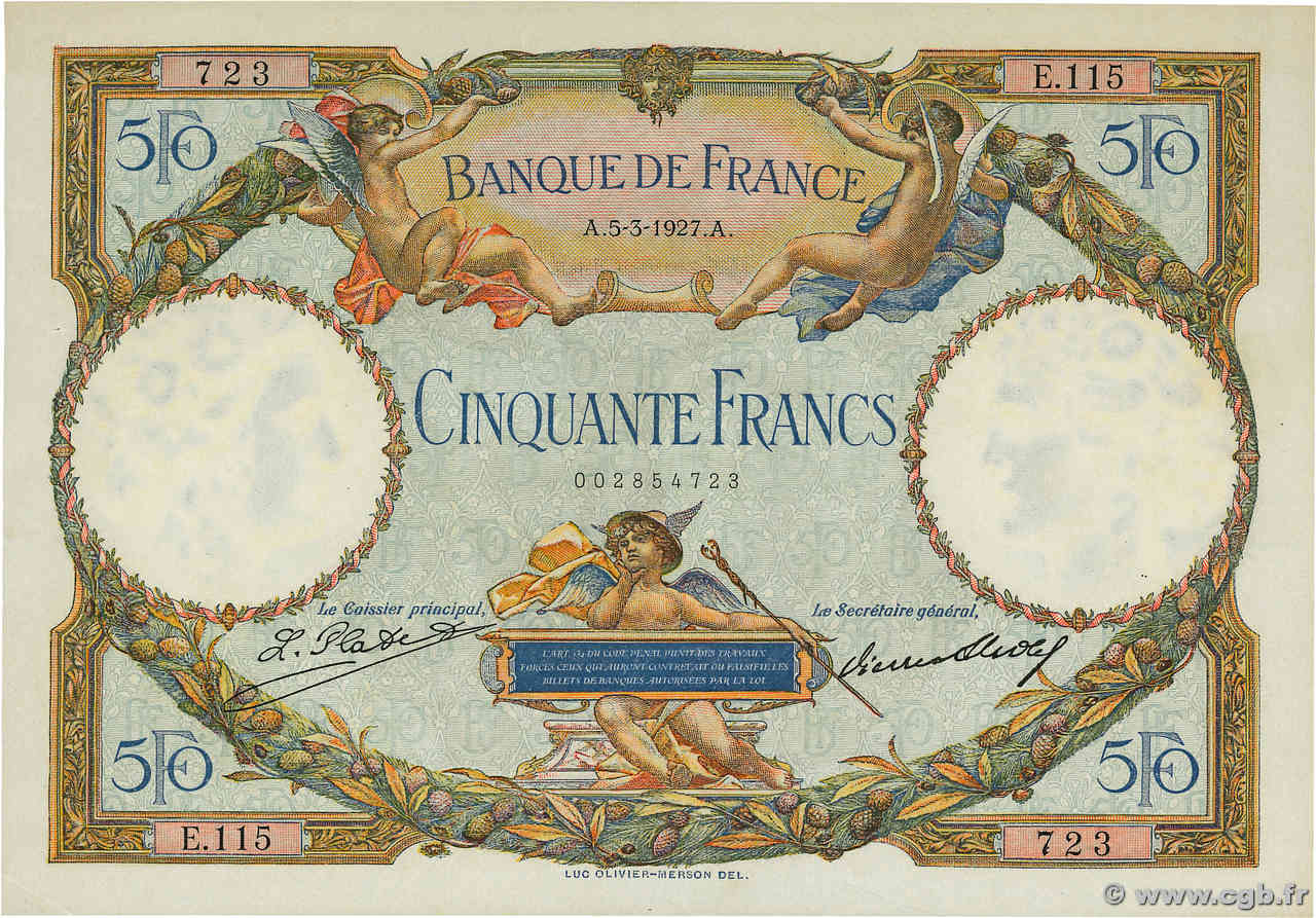 50 Francs LUC OLIVIER MERSON FRANCE  1927 F.15.01 AU-