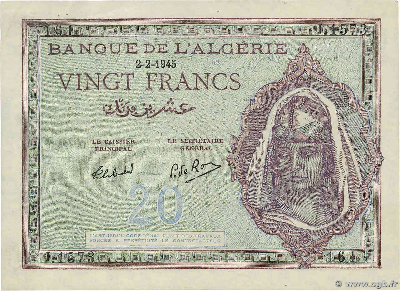 20 Francs ALGÉRIE  1945 P.092b TTB+