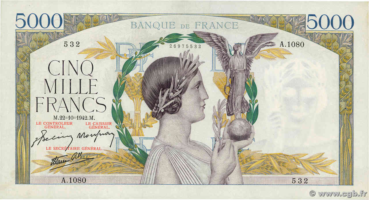 5000 Francs VICTOIRE Impression à plat FRANCE  1942 F.46.43 SUP+