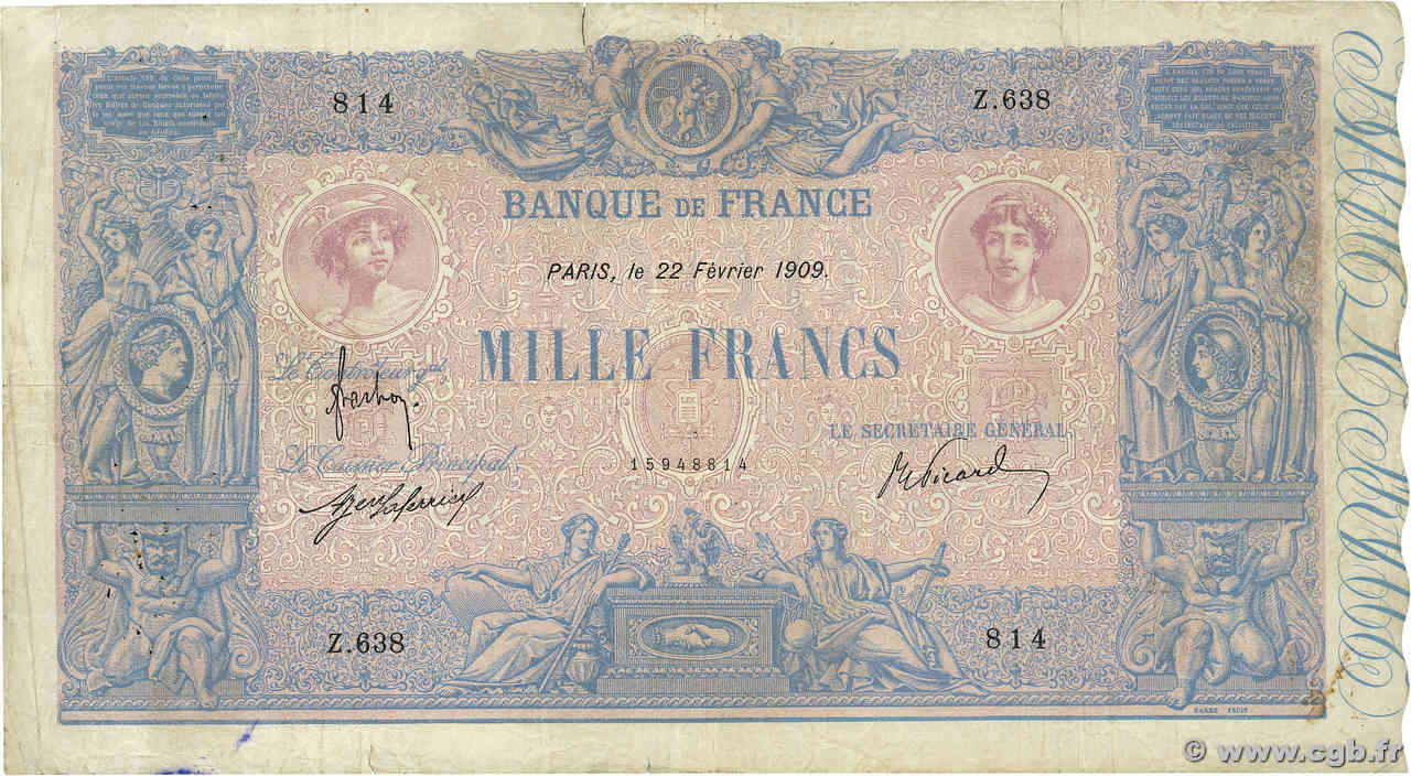 1000 Francs BLEU ET ROSE FRANCE  1909 F.36.23 F