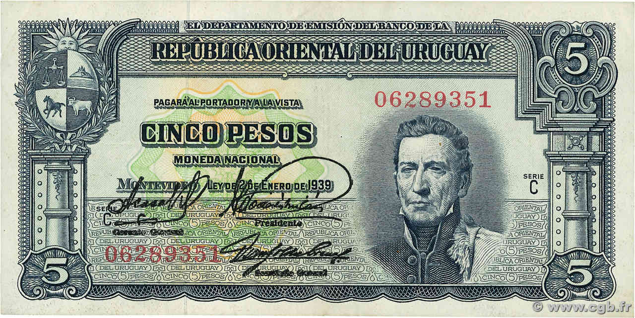 5 Pesos URUGUAY  1939 P.036b TTB+