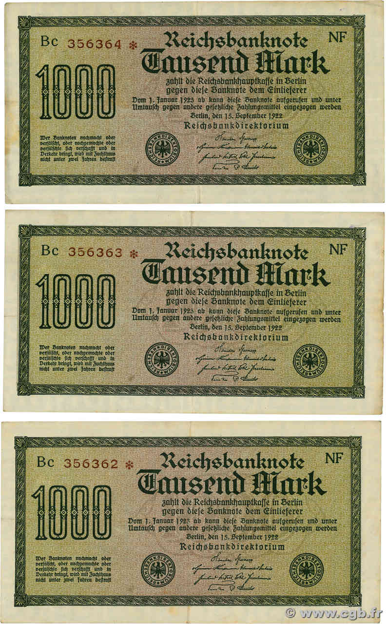 1000 Mark Consécutifs DEUTSCHLAND  1922 P.076c fSS