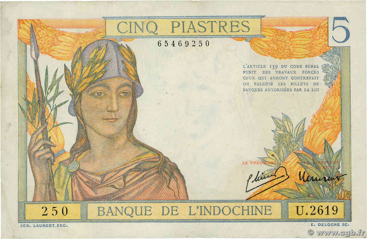 5 Piastres INDOCHINE FRANÇAISE  1946 P.055c TTB+