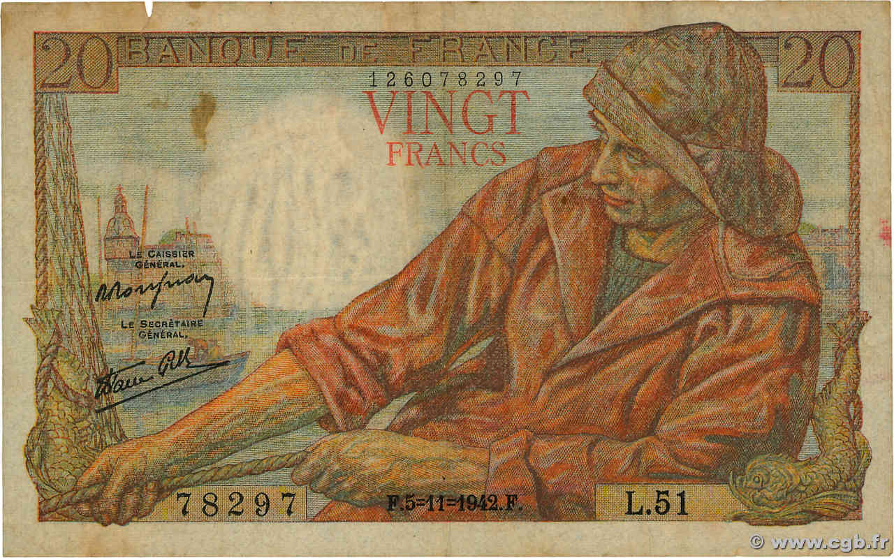 20 Francs PÊCHEUR FRANCE  1942 F.13.04 TB