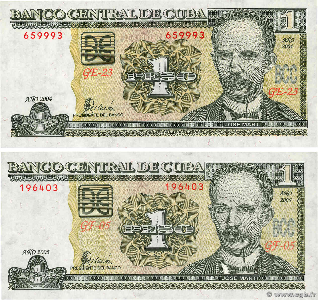 1 Peso Lot CUBA  2004 P.121d/e UNC-