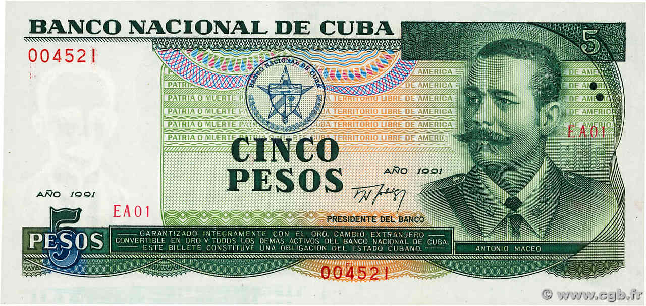 5 Pesos KUBA  1991 P.108a fST+