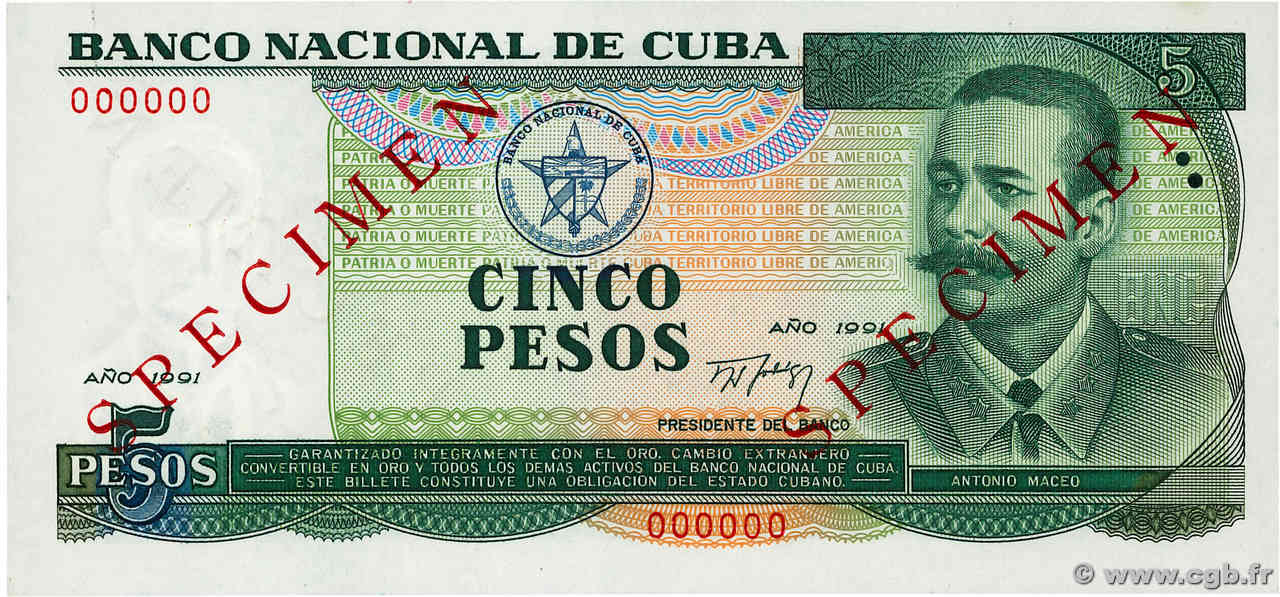 5 Pesos Spécimen CUBA  1991 P.108s  AU