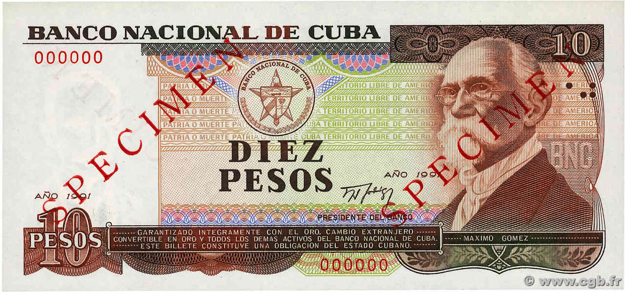 10 Pesos Spécimen CUBA  1991 P.109s UNC