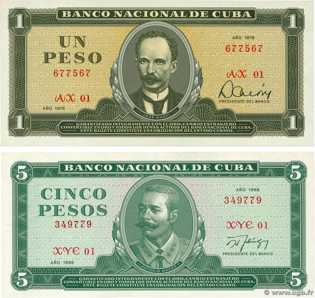 1 et 5 Pesos Remplacement CUBA  1978 P.102br et P.103dr UNC