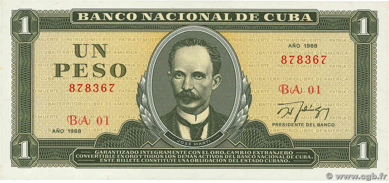 1 Peso CUBA  1988 P.102d UNC