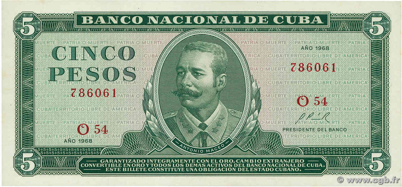 5 Pesos CUBA  1968 P.103a AU+