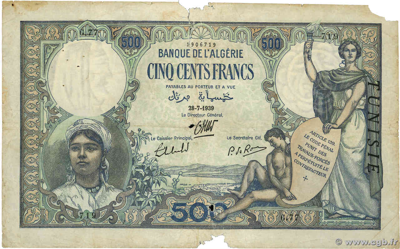 500 Francs TUNISIA  1939 P.14 G