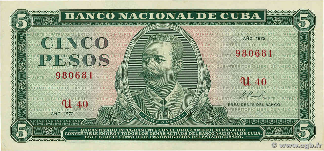 5 Pesos CUBA  1972 P.103b BB