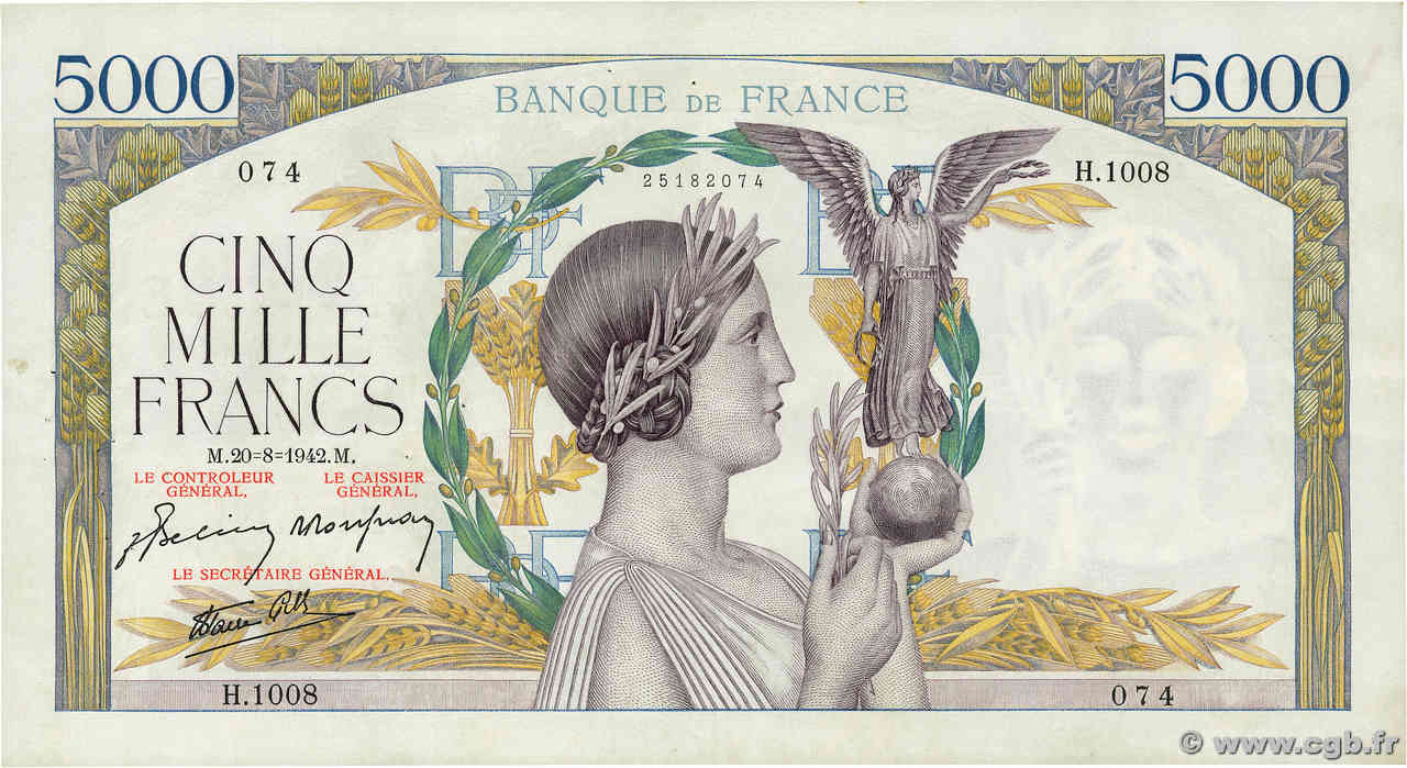 5000 Francs VICTOIRE Impression à plat FRANCE  1942 F.46.40 TTB+