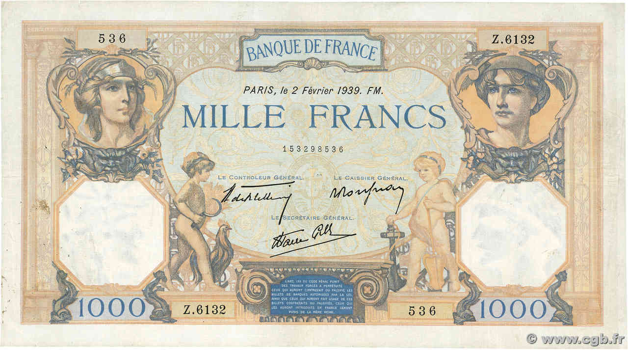 1000 Francs CÉRÈS ET MERCURE type modifié FRANCIA  1939 F.38.34 BB