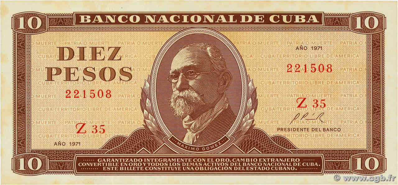 10 Pesos CUBA  1971 P.104a AU+