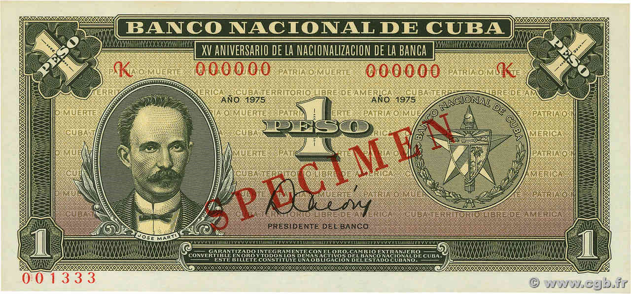 1 Peso Spécimen CUBA  1975 P.106s q.FDC