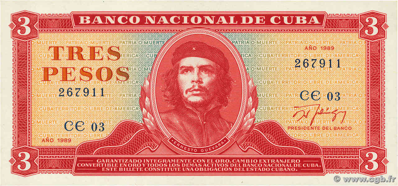 3 Pesos KUBA  1989 P.107b ST