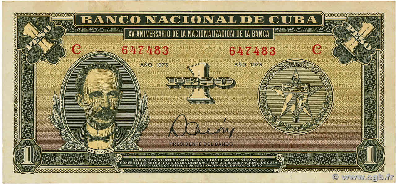 1 Peso CUBA  1975 P.106a TTB