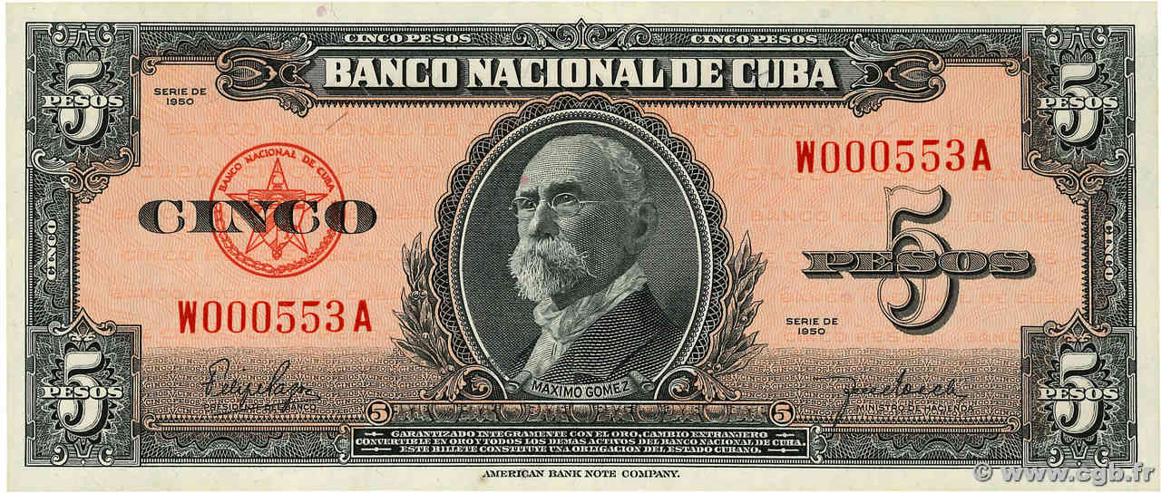 5 Pesos Petit numéro CUBA  1950 P.078b NEUF