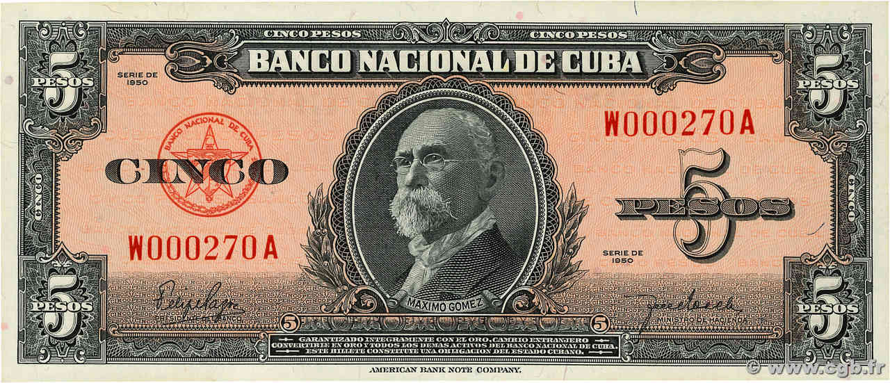 5 Pesos Petit numéro CUBA  1950 P.078b NEUF